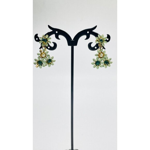 CHARM Floral Dangle Earrings Screw Back Gold Tone Rhinestones Simulated Pearl - Picture 5 of 11